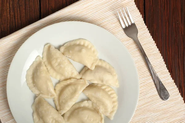 Dumplings Cocidos Plato Directamente Arriba —  Fotos de Stock