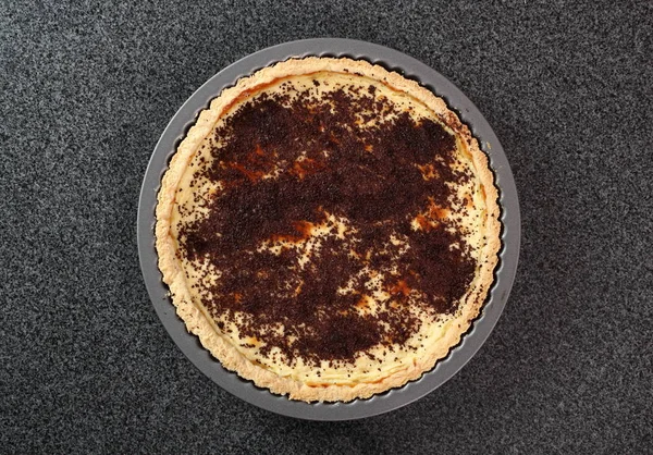 Frissen Sült Torta Csokoládé Öntettel Citrom Mascarpone Pie Sorozat Készítése — Stock Fotó