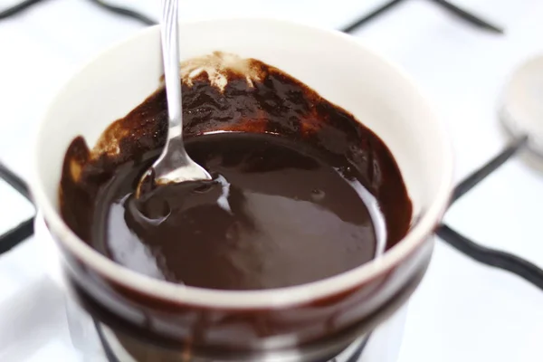 Melting Chocolate Pan Simmering Water Making Chocolate Pear Pecan Pie — Stock Photo, Image