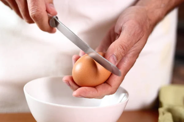 Cracking Egg Making Mayonnaise Wooden Spoon — Stock Photo, Image