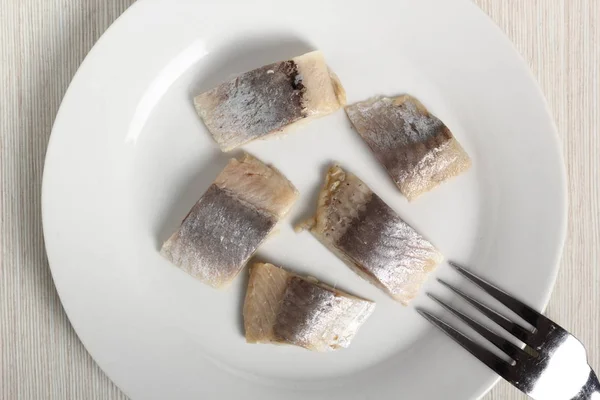 Nakrájený Sleď Talíř Solené Nasolené Plátky Ryb Bez Kůže Clupea — Stock fotografie