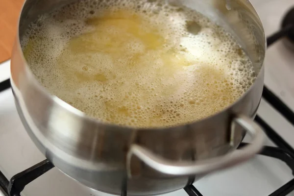 Potato Slices Pan Boiling Water Making Potato Leek Filo Pie — Stock Photo, Image