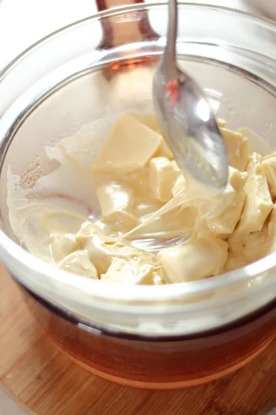 Fondre Chocolat Blanc Fabrication Congelée Série Gâteau Fromage Fraise — Photo