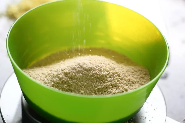 Pouring White Breadcrumbs Bowl Making Shoofly Tart Series — Stock Photo, Image