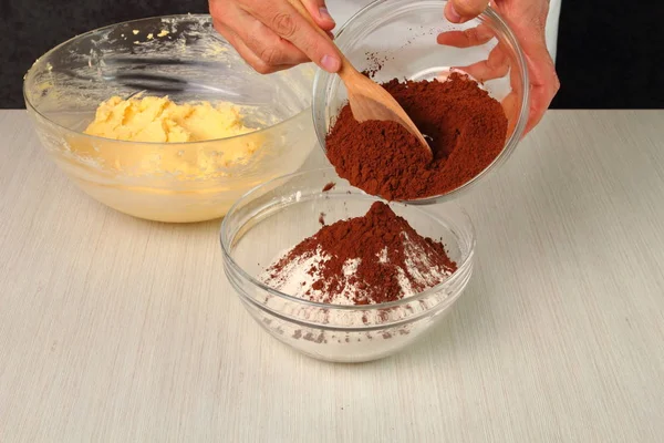 Add Cocoa Powder Flour Mixing Making Chocolate Cookies — 스톡 사진