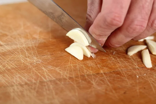 Affettare Aglio Preparare Patate Leek Filo Pie Serie — Foto Stock