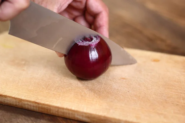 Cortar Cebola Série Fazer Tortilla Com Frango Pimentão — Fotografia de Stock