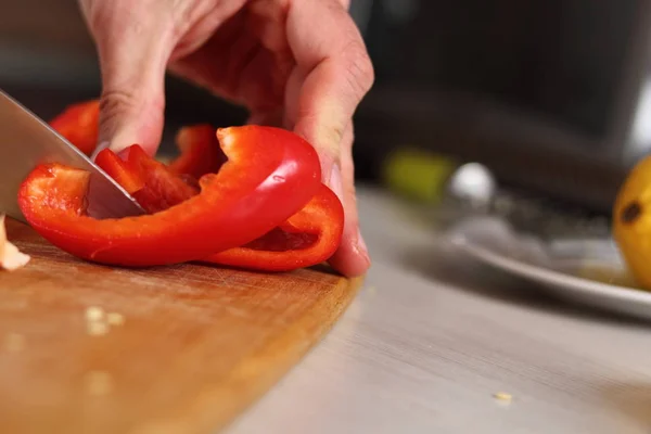 Chef Slicing Red Bell Pepper Making Chicken Egg Galette Series — Stock Photo, Image