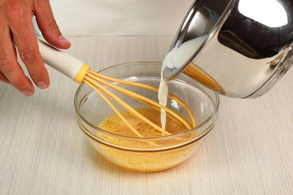 Preparing Dough Pouring Milk Making Yeast Sweet Roll Bun — Stock Photo, Image