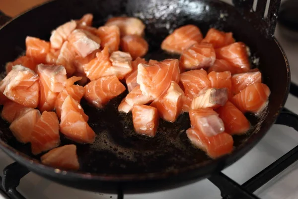 Frying Salmon. Making Salmon in Puff Pastry Series.