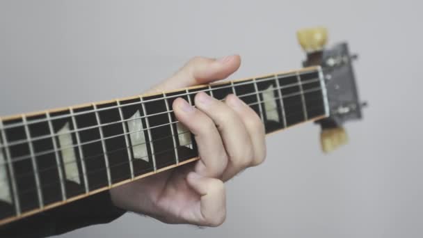 Man Hands Playing Electric Guitar Human Hands Fingers Guitar Fretboard — Stock Video
