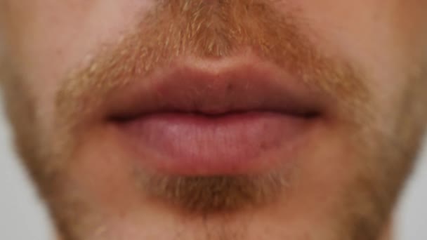 Unbekannter Mann setzt roten Lippenstift auf die Lippen Transvestit-Typ, der Lippen mit Lippenstift bemalt. Mann macht sich transsexuell. Travestie-Make-up — Stockvideo