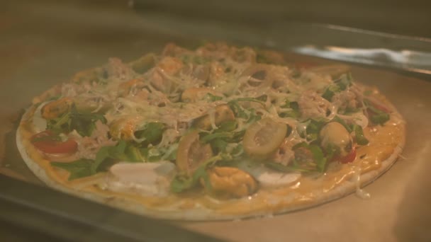 Pizza i ugnen. Bakning pizza, timelapse. Förbereder pizza. Matlagning hemma, kök — Stockvideo