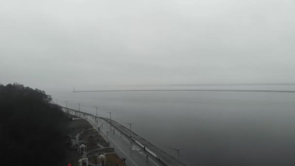 People running along quay in fog. Young motivated women and men jogging along bank of river. Professional runners training in the city. Running concept — Stock Video