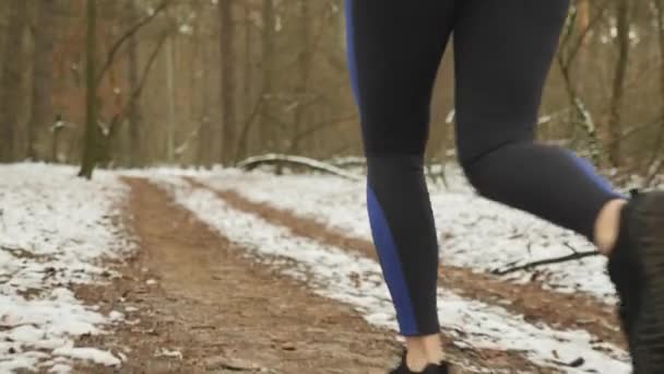 Atleta profesional corre en el parque. Primer plano de las piernas femeninas corriendo por la mañana en el bosque de invierno. Mujer corriendo al aire libre, lado posterior seguir la vista. Primer plano de hermosas piernas femeninas deportivas — Vídeo de stock