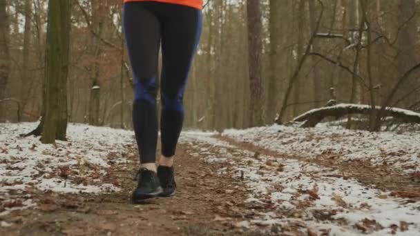 Mujer corriendo en el parque, cerca de la vista frontal de las piernas. Atleta profesional corre al aire libre y el entrenamiento duro. Ajuste femenino con cuerpo deportivo en mallas corriendo en el bosque como parte de sus entrenamientos diarios — Vídeo de stock