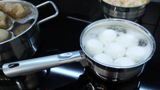 卵を調理するプロセス。誘導電気ストーブの上でパン。スマートキッチン料理のプロセス。キッチンはケータリング場所です。シェフは卵と野菜を調理します。健康的な食事の調理 — ストック動画