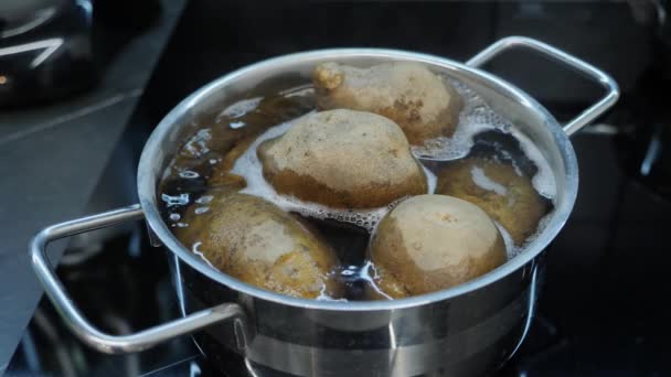 Szef kuchni gotuje ziemniaki w kuchni. Proces gotowania ziemniaków. Gotowane warzywa na patelni. Zdrowe wegetariańskie jedzenie. Inteligentna kuchnia z indukcyjną kuchenką elektryczną — Wideo stockowe