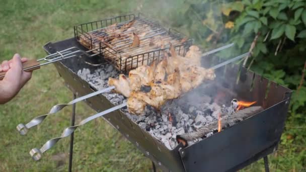 Homem preparando carne no churrasco ao ar livre. Processo de cozinhar carne. Carne no grelhador. Actividades ao ar livre — Vídeo de Stock