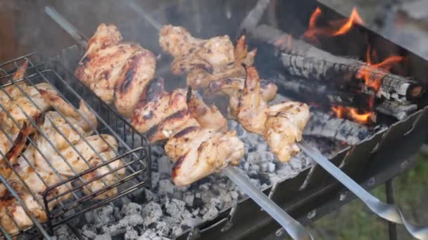 Man bereidt gebakken kip op houtskoolgrill. Chef koken barbecue vlees buiten. Persoon gooit kolen op grill — Stockvideo