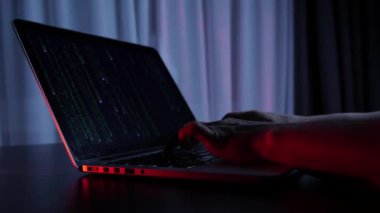 Bilgisayar ekranında tanımlanamayan kapüşonlu hacker programlama. Ekrandaki kodlamayı kapat. Bilgisayarda, geliştirme ağında ve geliştiricisinde kadın elleri kodlama ve programlama. Bilgisayar korsanı klavyede yazıyor