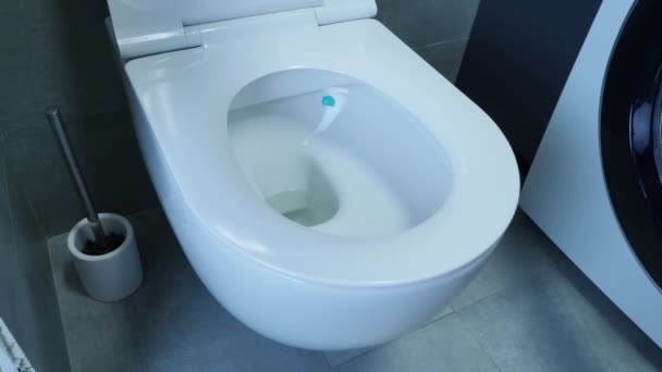 Water spoelt naar beneden in de toiletpot in de badkamer. Water wordt doorgespoeld in een toiletpot. Zijaanzicht van wit toilet met gespoeld water. — Stockvideo