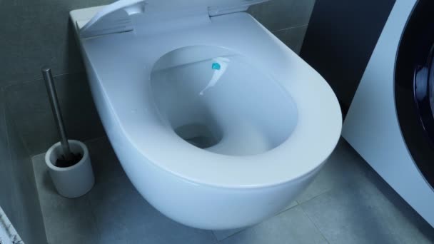Del av grått badrum med vit toalett och tvättmaskin, närbild. Sidovy av stängning toalettlock — Stockvideo