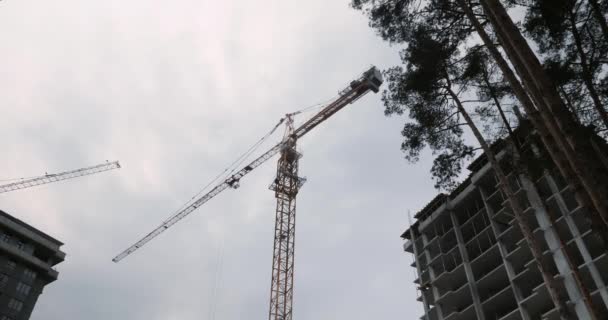 クレーン付き超高層ビルの建設プロセス。高いクレーンは家と建物のサイト上で動作します。高層住宅団地が建設中です。緑地帯におけるアパートの建設 — ストック動画