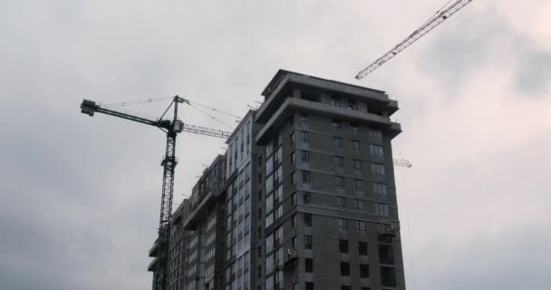 İnşaat alanında çalışan işçiler. Yeşil bölgede apartman inşaatı. Gri gökyüzüne karşı yapım aşamasında olan ıssız yerleşim yeri — Stok video