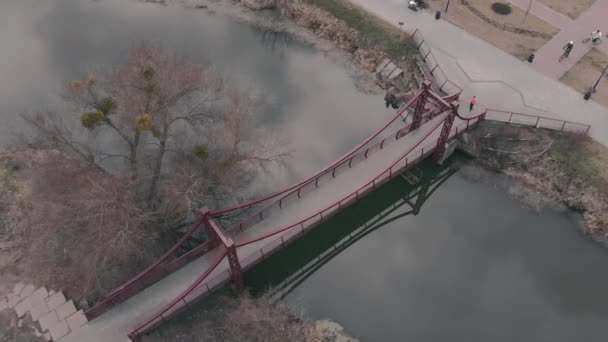 Woman runs on bridge across river in recreation area with park and quay. Female athlete practicing running exercises in park with river — Stock Video