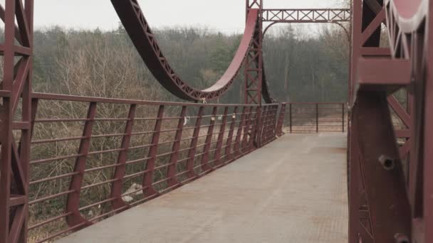 Спортсмени бігають по мосту через річку. Молода бігова пара біжить в парку, вид ззаду. Чоловік і жінка біжать на відкритому повітрі вранці — стокове відео