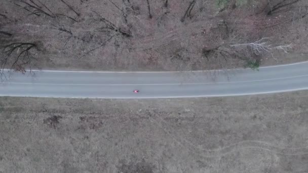 Bicicletta isolata. Atleta cavalca veloce e pedala intensamente su strada auto vuota nella foresta. Addestramento ciclistico da solo in autostrada. Triatleta in bicicletta ad alta velocità. Concetto di triathlon — Video Stock