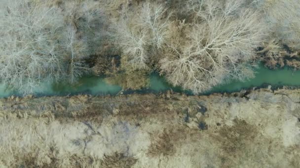 Vue aérienne du sommet d'une rivière étroite et sale. Rivière polluée pleine d'eau sale, tir de haut en bas du drone. Dommages globaux concept de dumping environnemental — Video