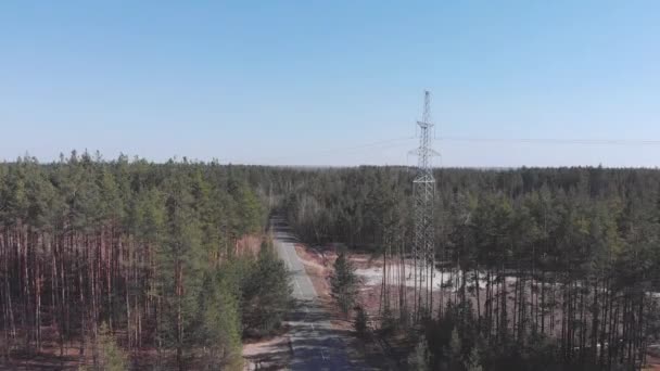 Linhas elétricas de alta tensão na floresta verde. Pylons de energia elétrica. Conceito de eficiência energética. Torre de energia de olhos de pássaro vista . — Vídeo de Stock