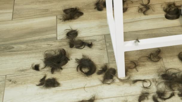 Φρεσκοκομμένα καστανά μαλλιά πέφτουν κάτω στο κομμωτήριο. Κοντά μαύρα μαλλιά πέφτουν στο πάτωμα. Πτώση μαλλιών στο πάτωμα στο σαλόνι ομορφιάς. — Αρχείο Βίντεο