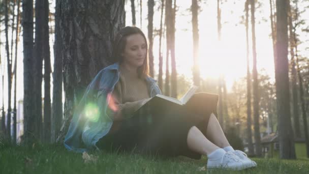 Приваблива брюнетка студентка розслабляє і читає книгу, сидячи на траві в громадському парку на красивому заході сонця. Портрет молодої милої студентки, яка вивчає і читає літературу в парку — стокове відео