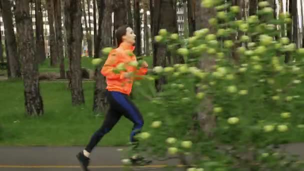 Молодая спортсменка бегает в городском парке в дождливый день. Бег на свежем воздухе, вид сбоку. Концепция утренней пробежки. Привлекательная брюнетка бегунья тренируется в парке на открытом воздухе — стоковое видео