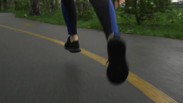 雨が鳥に囲まれ、閉じられ、撮影を追跡した後、女性ランナーの足は市内の公園でぬれた歩道を走っています。公園でジョギングするスニーカーのアスリートの足。フィットネス女性は屋外で実行します — ストック動画