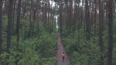 Ormanda yokuş yukarı koşan bir dişi. Yağmurlu bir günde, ormanın içinde yokuş yukarı koşan bir kadın. Koşucu sporcu açık havada temiz hava eğitimi alıyor. Yeşil ormanda koşan sportif kız. Sağlıklı yaşam tarzı