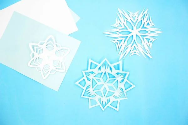 Hand Cut Blue White Snowflakes Blue Background Winter Mood Holiday — Stock Photo, Image