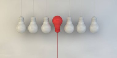 3D rendering 3D Illustration One hanging light bulb glowing different and standing out from unlit leadership and different business creative idea concept clipart