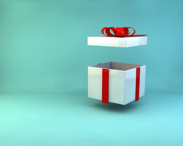 3D在彩绘背景上渲染3D解说礼品盒打开红丝带 — 图库照片