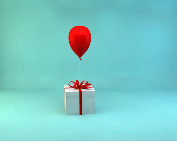 Rendering Illustration Geschenkbox Weiß Mit Rotem Band Und Rotem Ballon — Stockfoto