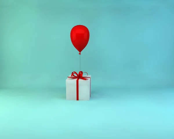 3D渲染3D插图礼品盒白色 红色缎带和红色气球隔离在彩色背景下 — 图库照片
