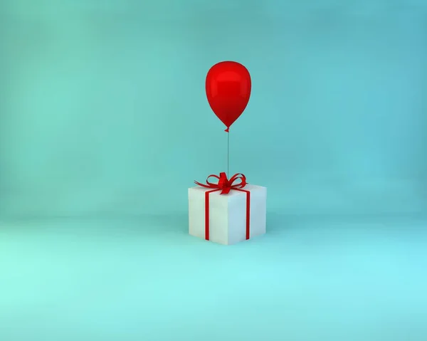 3D渲染3D插图礼品盒白色 红色缎带和红色气球隔离在彩色背景下 — 图库照片