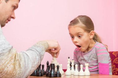My daughter was surprised and opened her mouth when dad killed another piece on the chessboard clipart