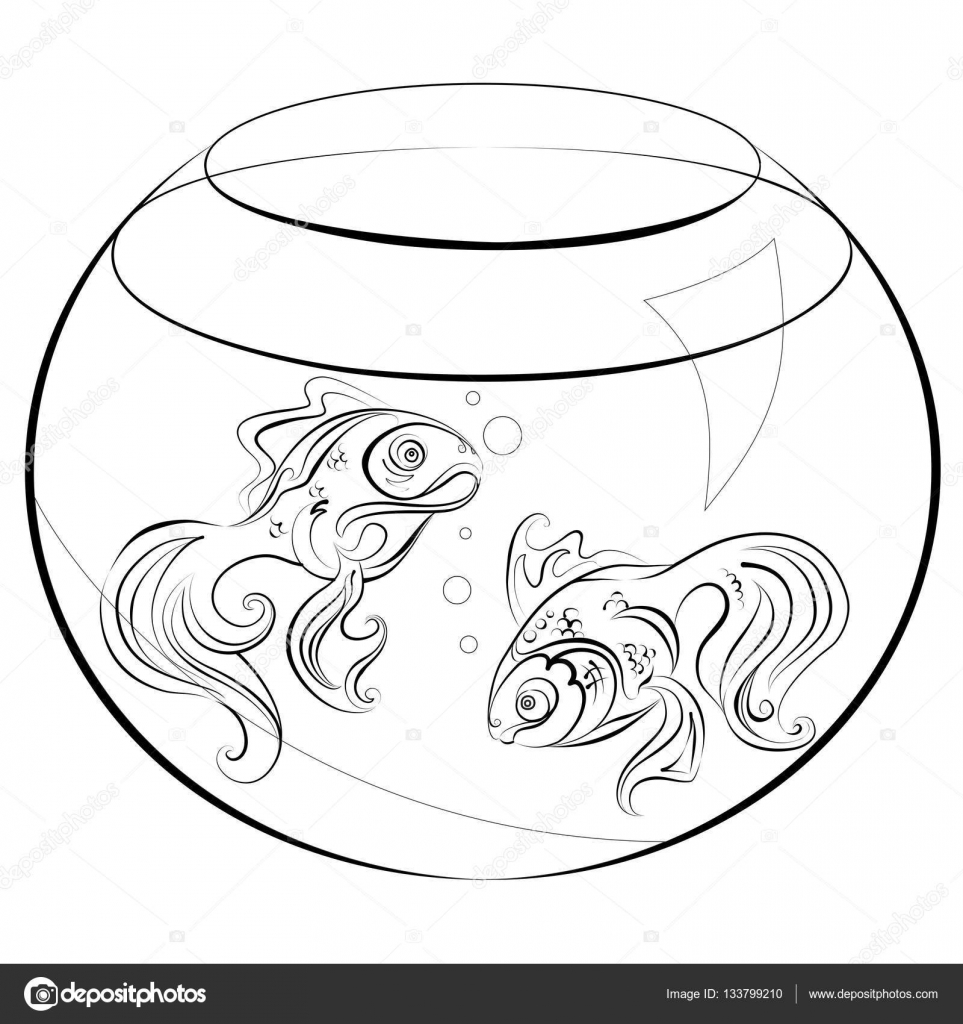 Illustrazione di alcun riempimento non colore due stilizzati pesci rossi in un acquario — Vettoriale