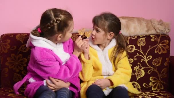 Les filles assises sur le canapé et s'amusent à lécher les sucettes bite sucrée — Video