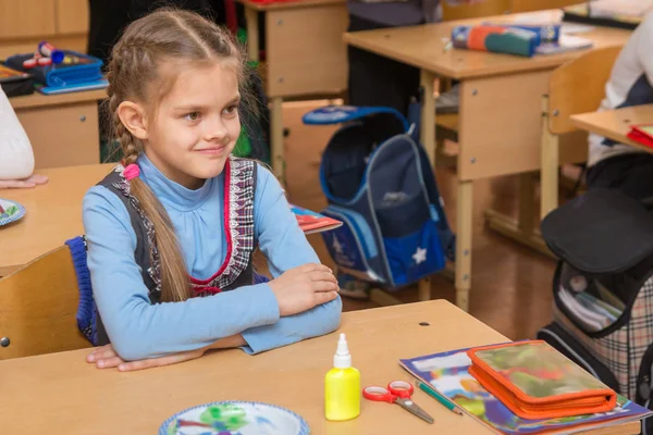 Happy first grader at a lesson in the school of technology — Stock Photo, Image