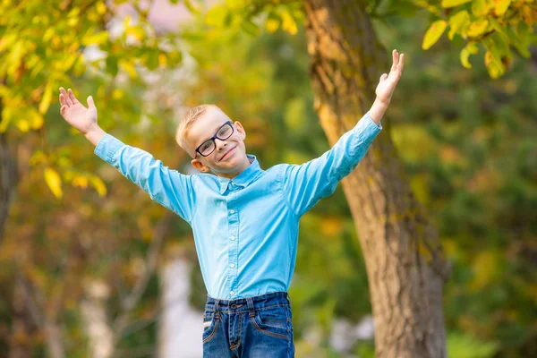 Hilarant garçon de sept ans leva joyeusement les mains dans le parc de la ville d'automne — Photo